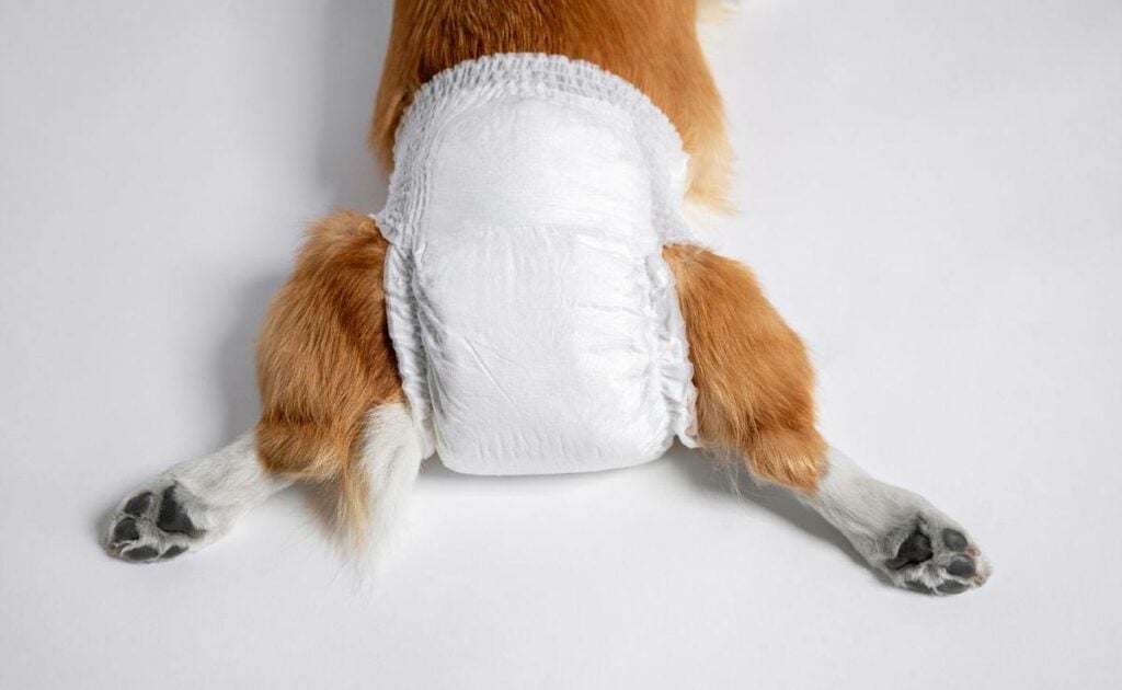 Top view of dog welsh corgi Pembroke lies in a special diaper spreading its paws back on a white background.