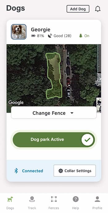 Georgie's dog park fence boundary activated on SpotOn app