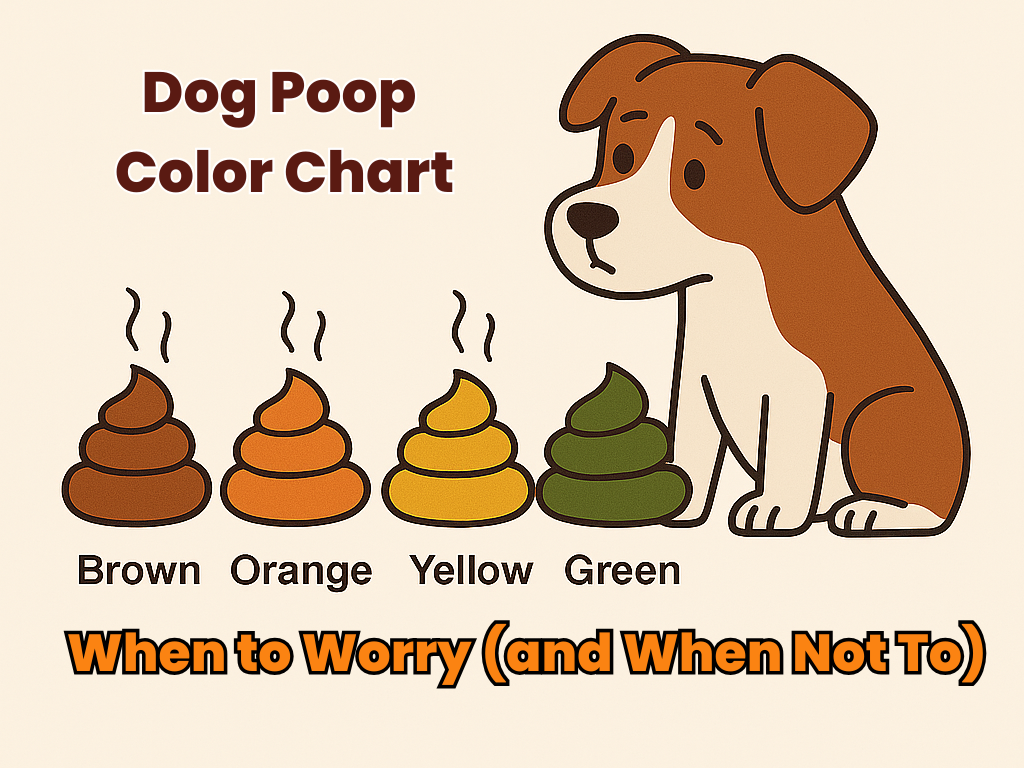 Cartoon dog poop color chart with dog looking concernedly at brown, orange, yellow and green poops. Subtext: When to worry (and when not to).