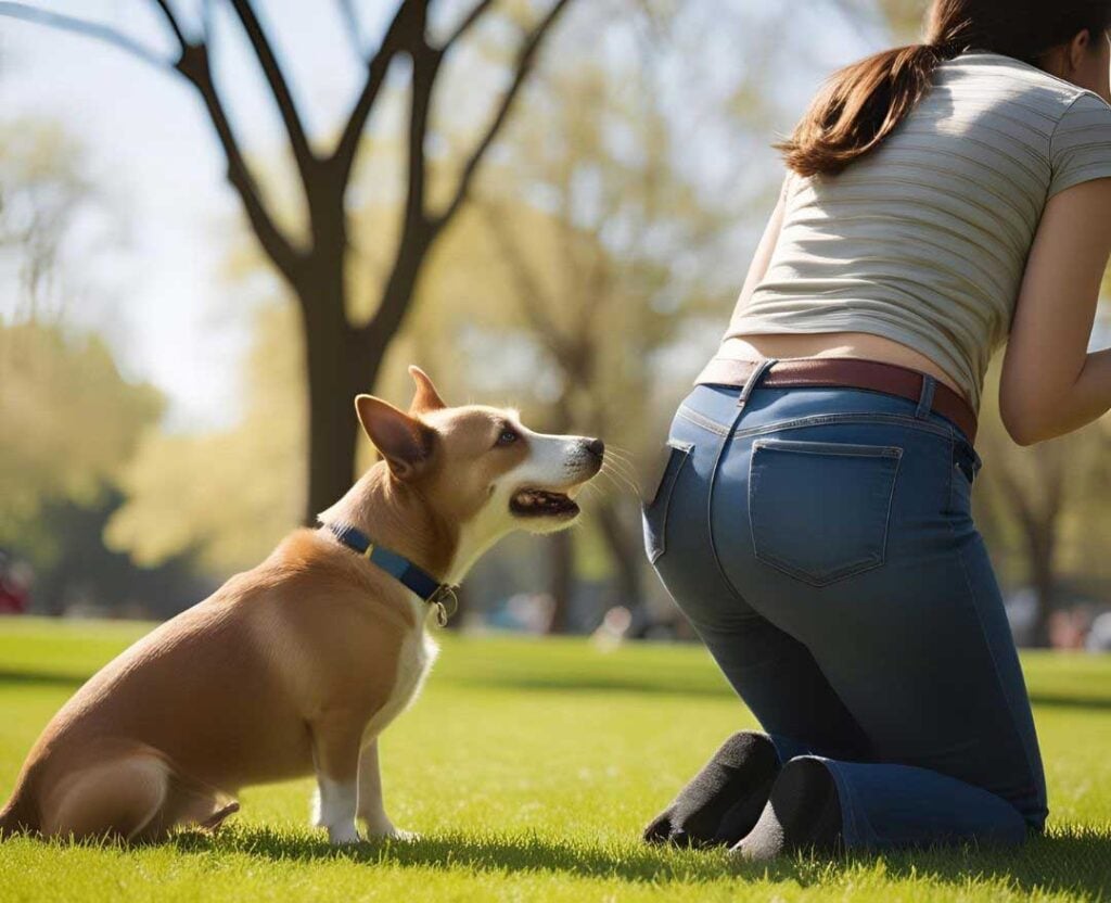 Dog sniffing human butt.