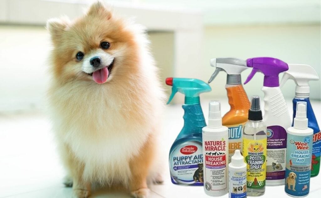Dog with a bunch of potty training sprays.