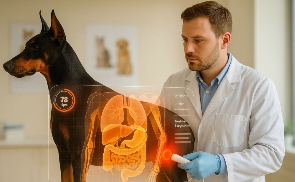 Dog at the vet with gut health overlay.
