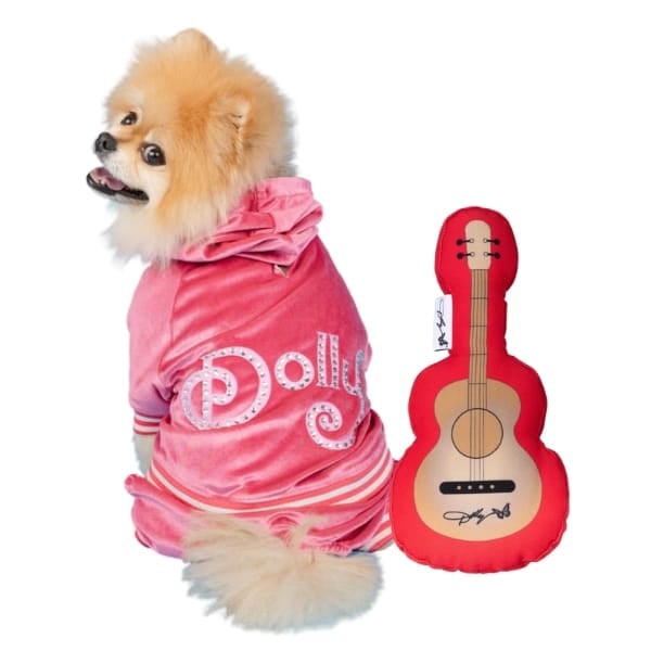 Doggy Parton jump suit and guitar toy.