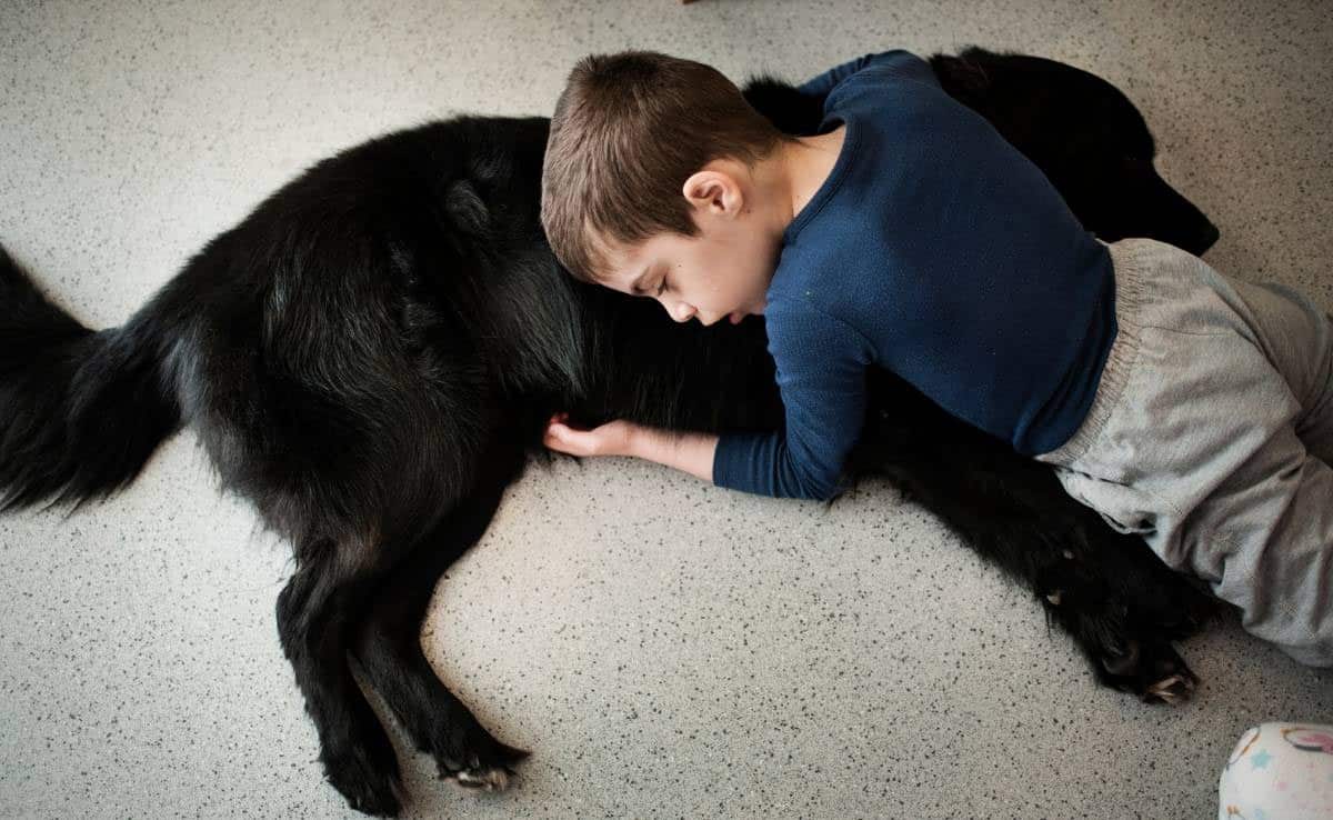 Boy laying on floor hugging large black dog