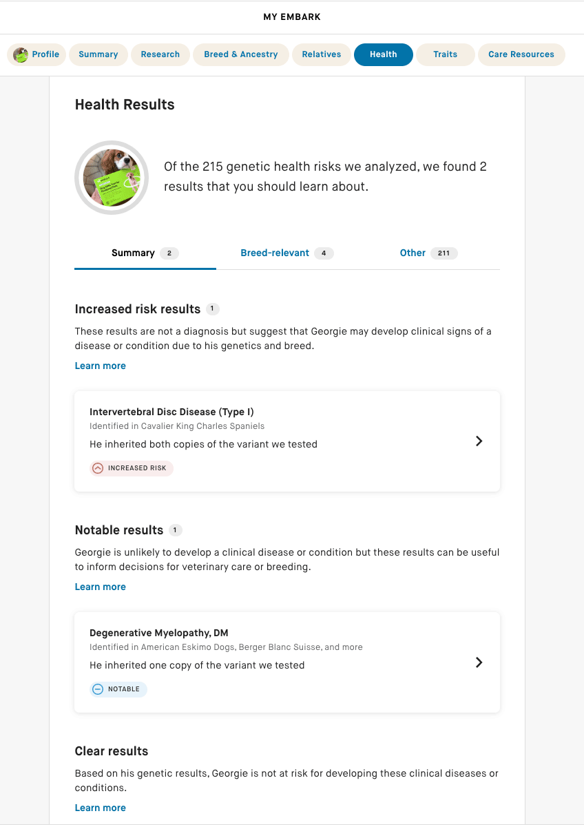 embark dna health results screenshot
