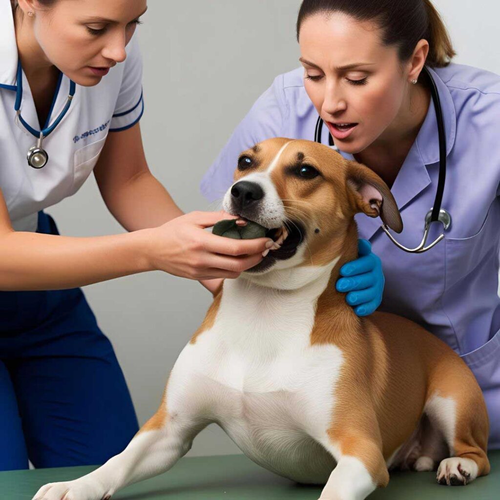female vets helping dog with something stuck in throat