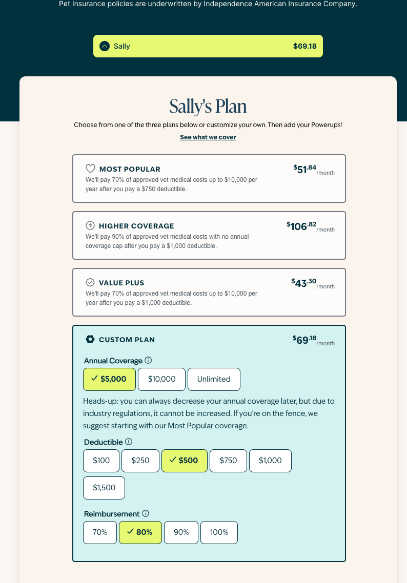 Figo pet insurance customize plan screenshot/