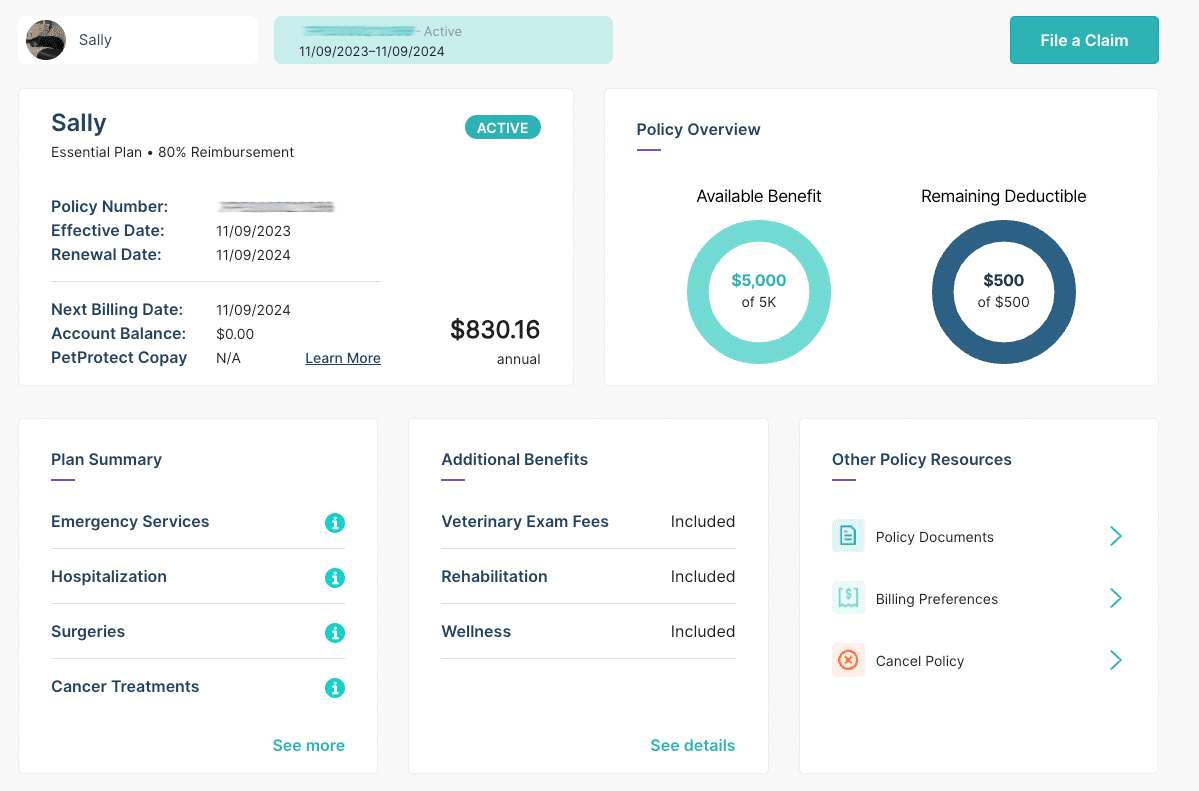 Figo pet insurance pet cloud dashboard sally dog screenshot.