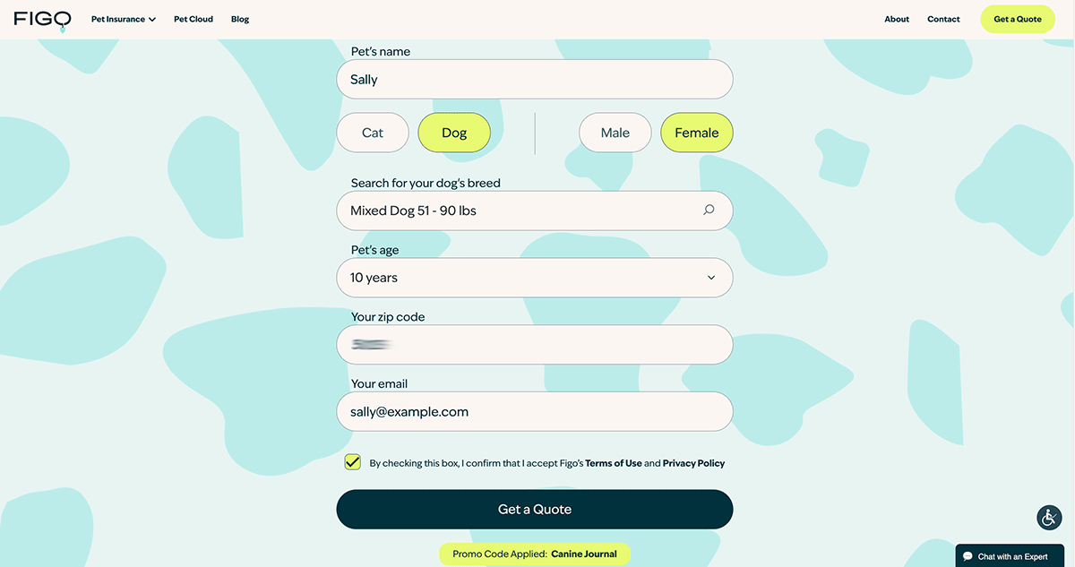 Figo pet insurance pet info screenshot.