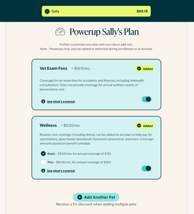 Figo pet insurance power up plan screenshot.