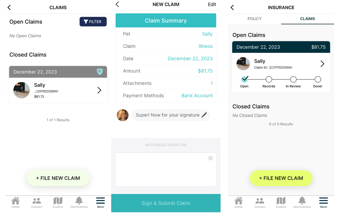 Figo pet insurance submit claim app screenshots.