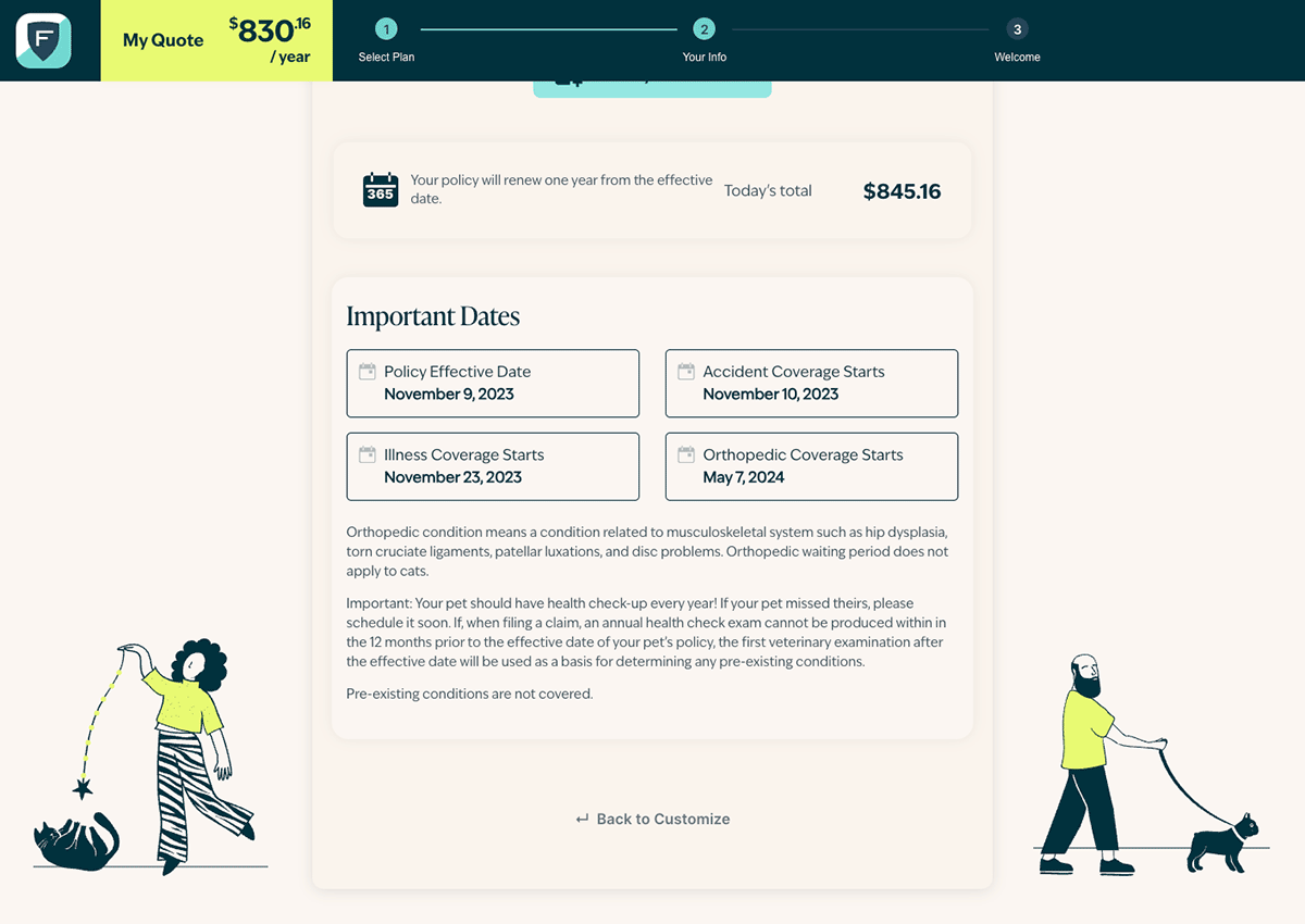Figo pet insurance waiting periods screenshot.