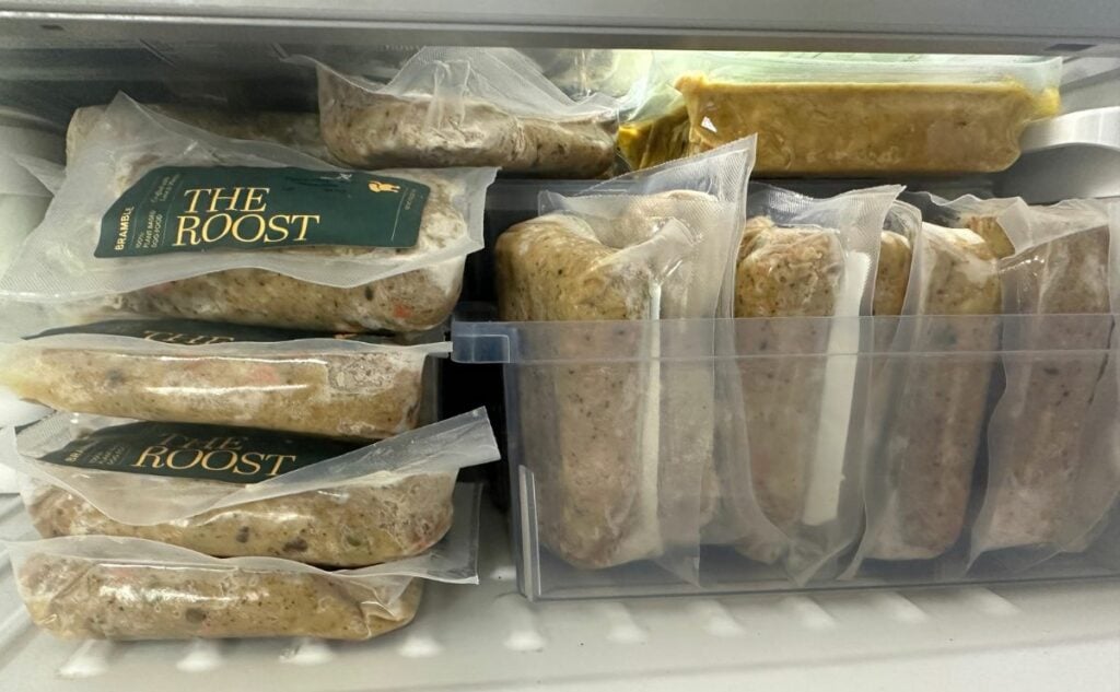 Frozen Bramble dog food in freezer.