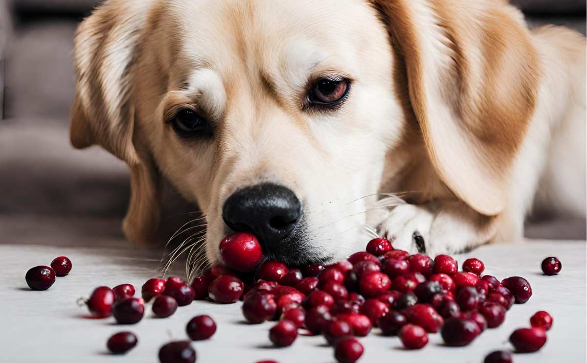 A Golden Retriever dog sniffing cranberries on a counter.