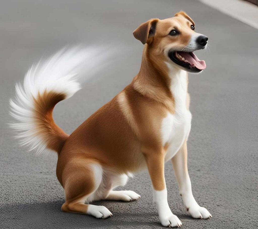 Happy looking dog wagging it's tail quickly.