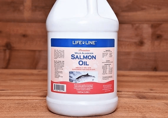 Life Line salmon oil container on a counter.