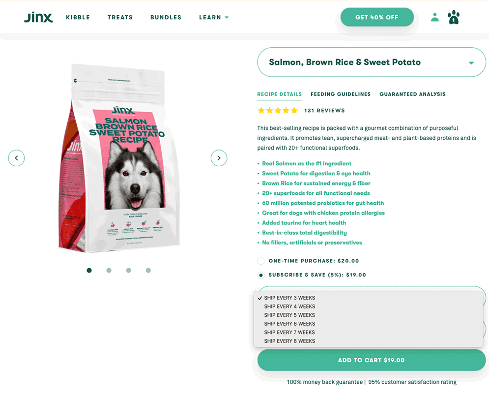 Jinx Salmon Dog Food Delivery Order Page on Website