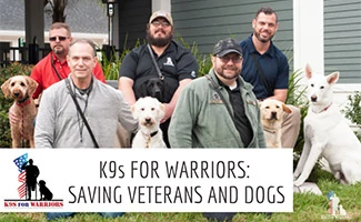 Group of vets with dogs (caption: K9s For Warriors: Saving Veterans And Dogs)