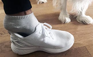 Putting on Kizik shoe hands free next to dog's paws