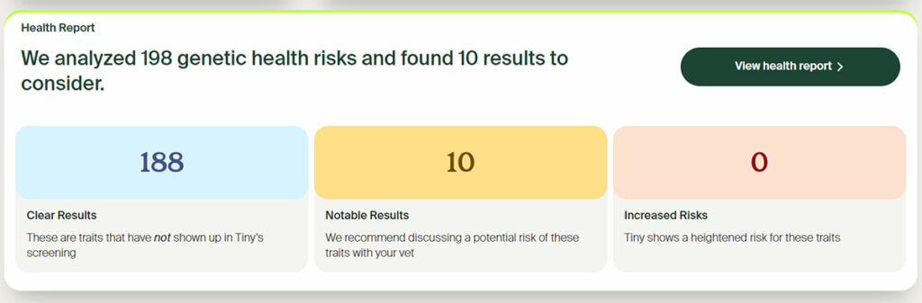 Know your pet health results screenshot.