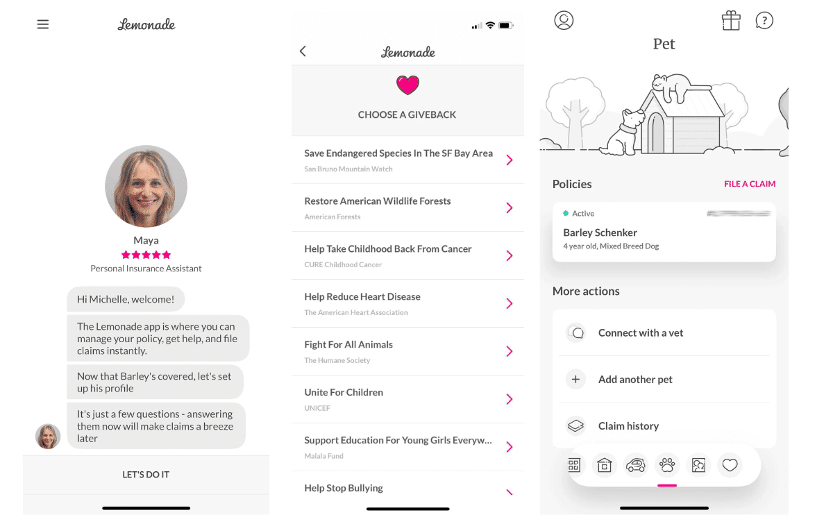 Lemonade pet insurance app screenshots from personal experience.