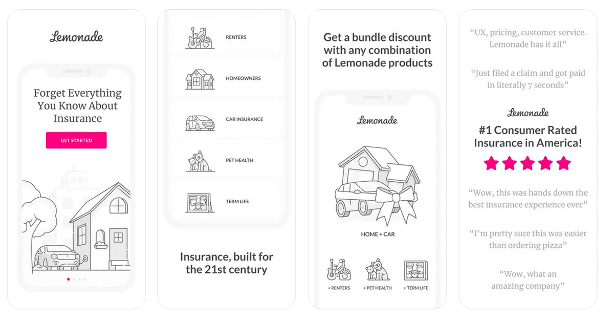 Lemonade pet insurance app screenshots.