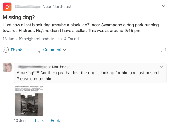 Nextdoor lost dog post