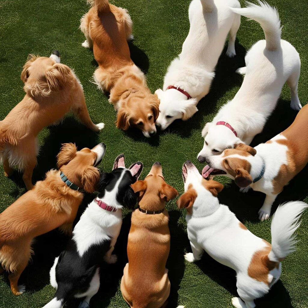 Group of dogs facing each other in a field and wagging their tails.