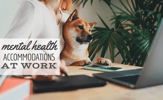 Girl sitting at desk with computer and dog in her lap (Caption: Mental Health Accommodations At Work)
