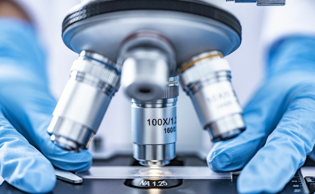 Microscope up close looking at dog DNA.