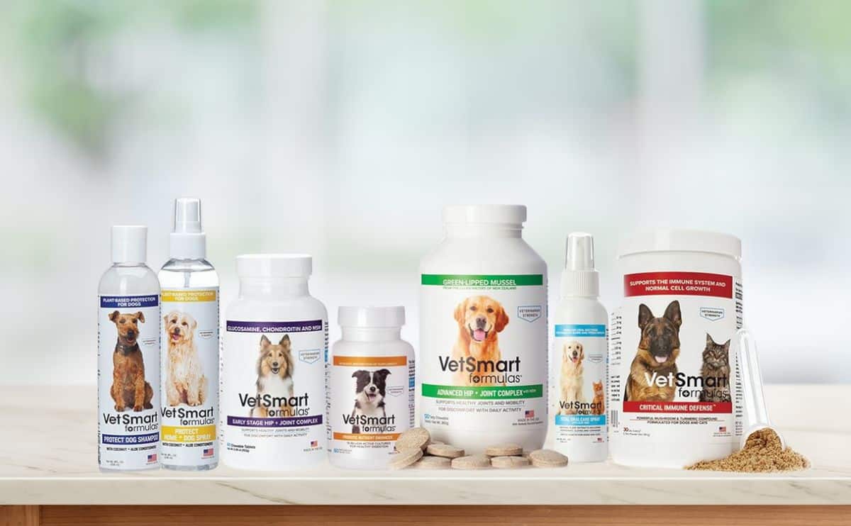 Multiple VetSmart supplements on a kitchen counter.