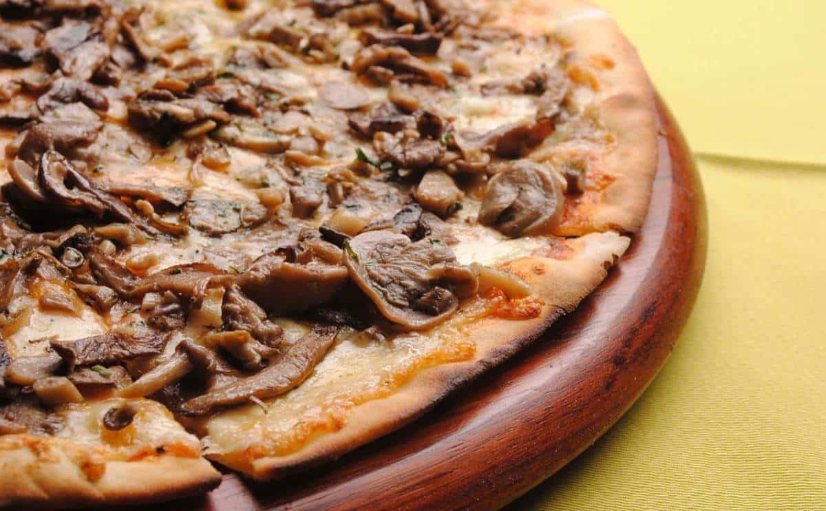 Mushroom pizza close up.