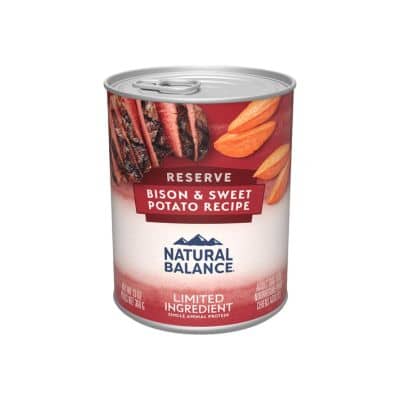 A can of Natural Balance Reserve bison and sweet potato recipe.