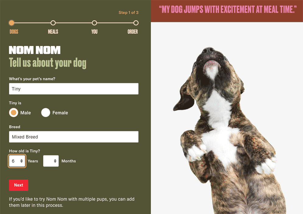 Nom Nom dog food ordering process question 1 dog breed and age