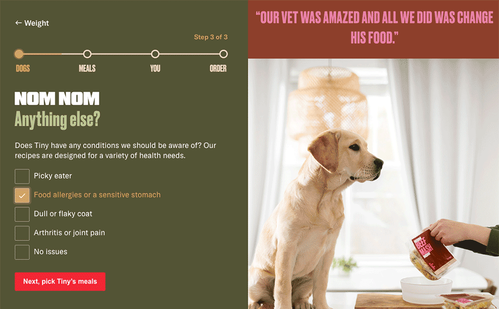 Nom Nom dog food ordering process question 1 dietary needs