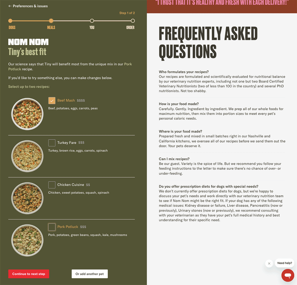 Nom Nom dog food ordering process question 4 recipe options 