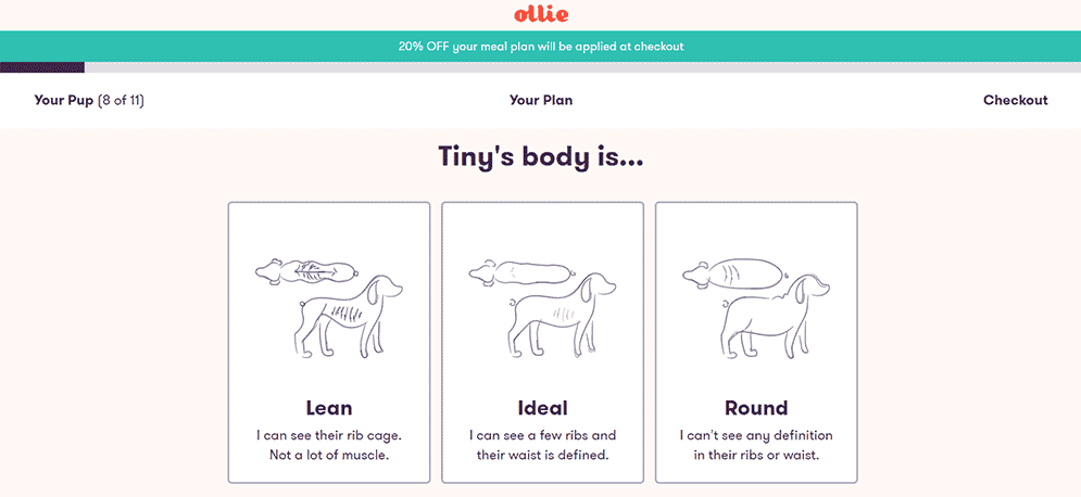 Ollie ordering process screenshot dog size