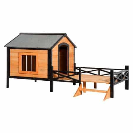 PawHut Wooden Cabin Style Elevated House With Porch