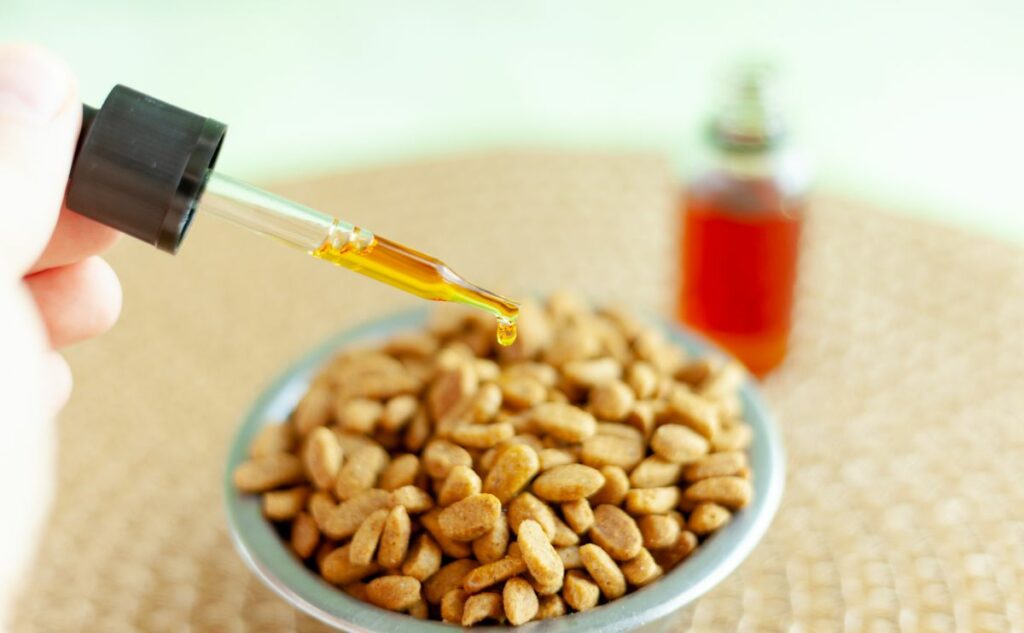 Person putting drops of CBD oil in a bowl of dog food.