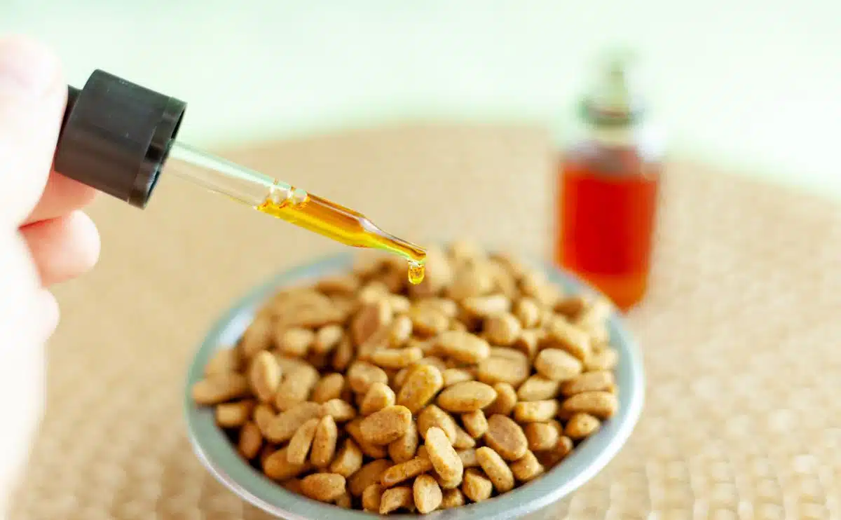 person putting drops of CBD oil in a bowl of dog foo