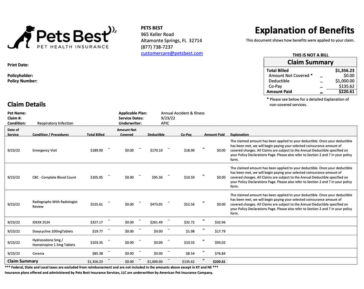 Pets Best Explanation of Benefits example