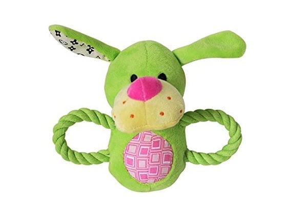 Plush squeak toy with rope arms for puppy play