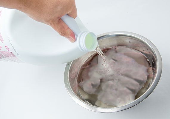 Pouring bleach into stainless steel dog bowl to sterilize it