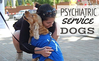 Girl hugging a Psychiatric Service Dog (caption: Psychiatric Service Dogs)