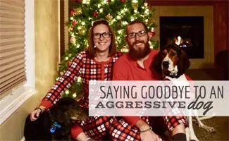 Woman and Man in front of Christmas Tree with Two dogs (Capton: Saying Goodbye To An Agressive Dog)