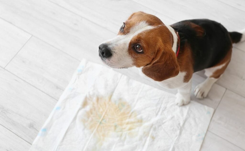 Small dog standing in front of a pee pad with urine on it looking up.