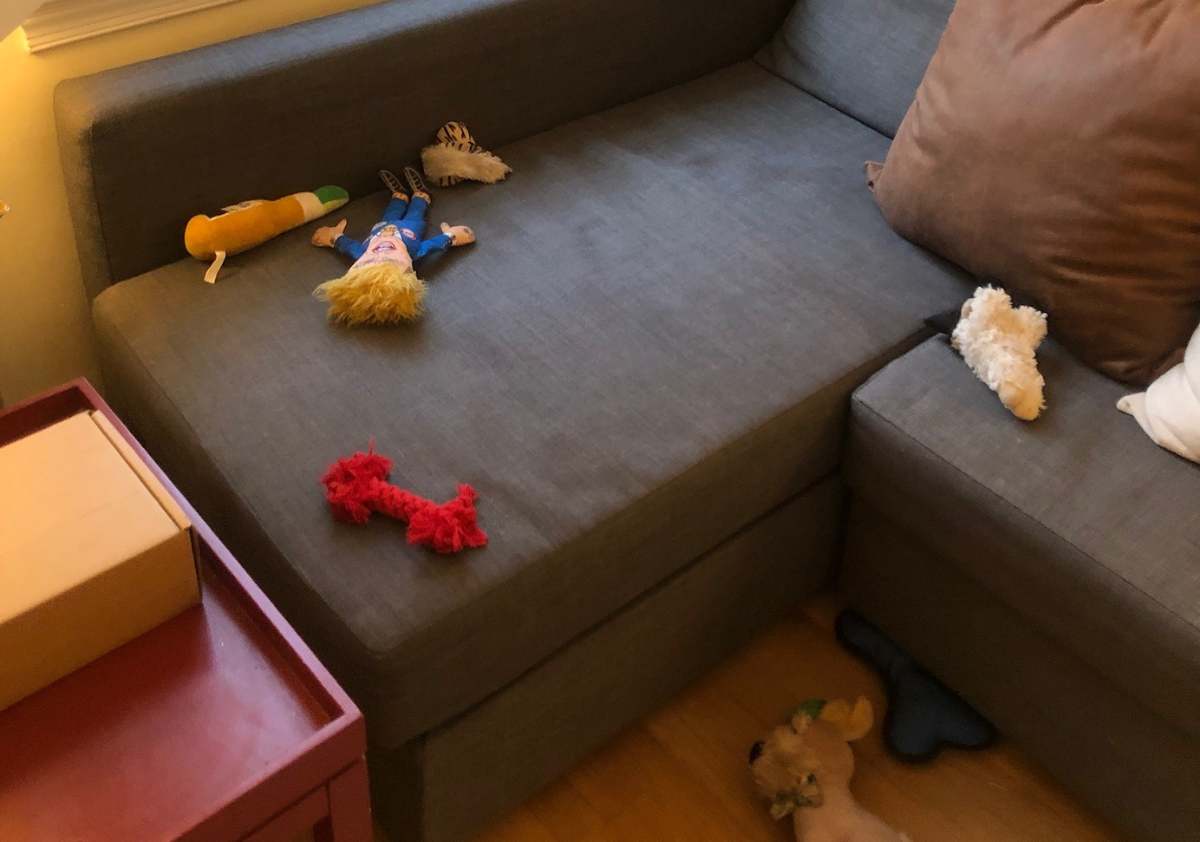 A sofa covered in puppy teething toys.