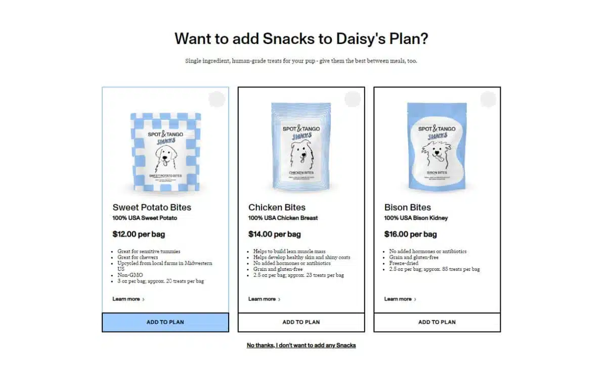 spot and tango ordering process screenshot treat add ons