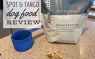 Spot & Tango food on counter with scoop (Caption: Spot & Tango Dog Food Review)