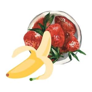 Peeled banana and bowl of Strawberries